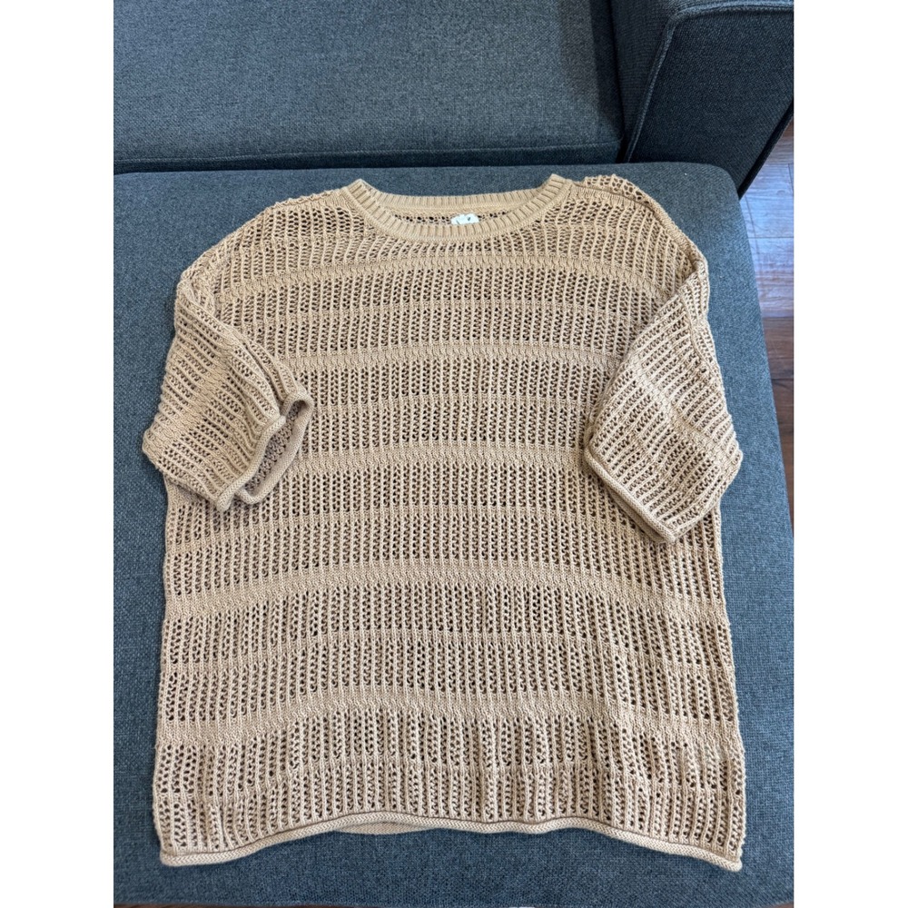 Aerie Tan Open Knit Short Sleeve Sweater Beige Boho Pullover Large